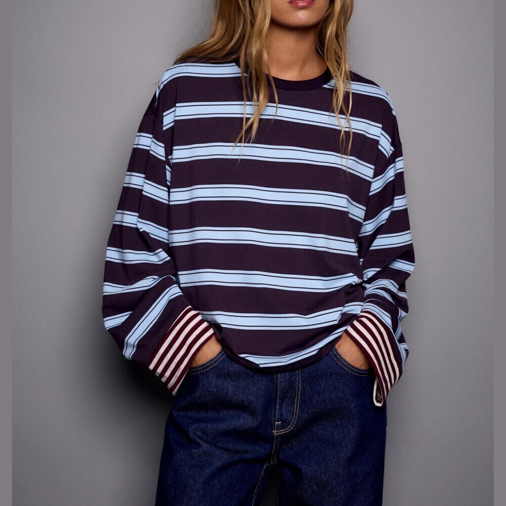Navy Blue Striped Round Neck Oversized Long Sleeve Knit Top Tee